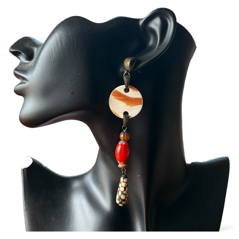 Nature African Batik Bone and Glass Beaded Earrings Cream Black Red